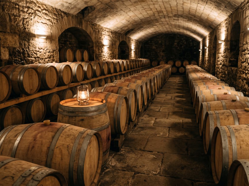 Oak barrels in a stone cellar lit by a lantern