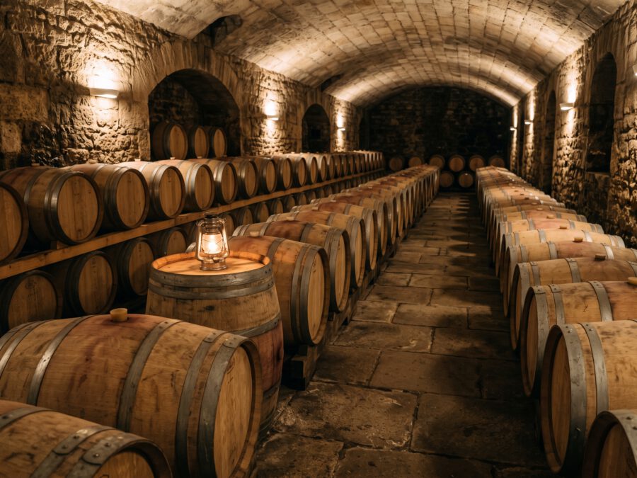 Oak barrels in a stone cellar lit by a lantern