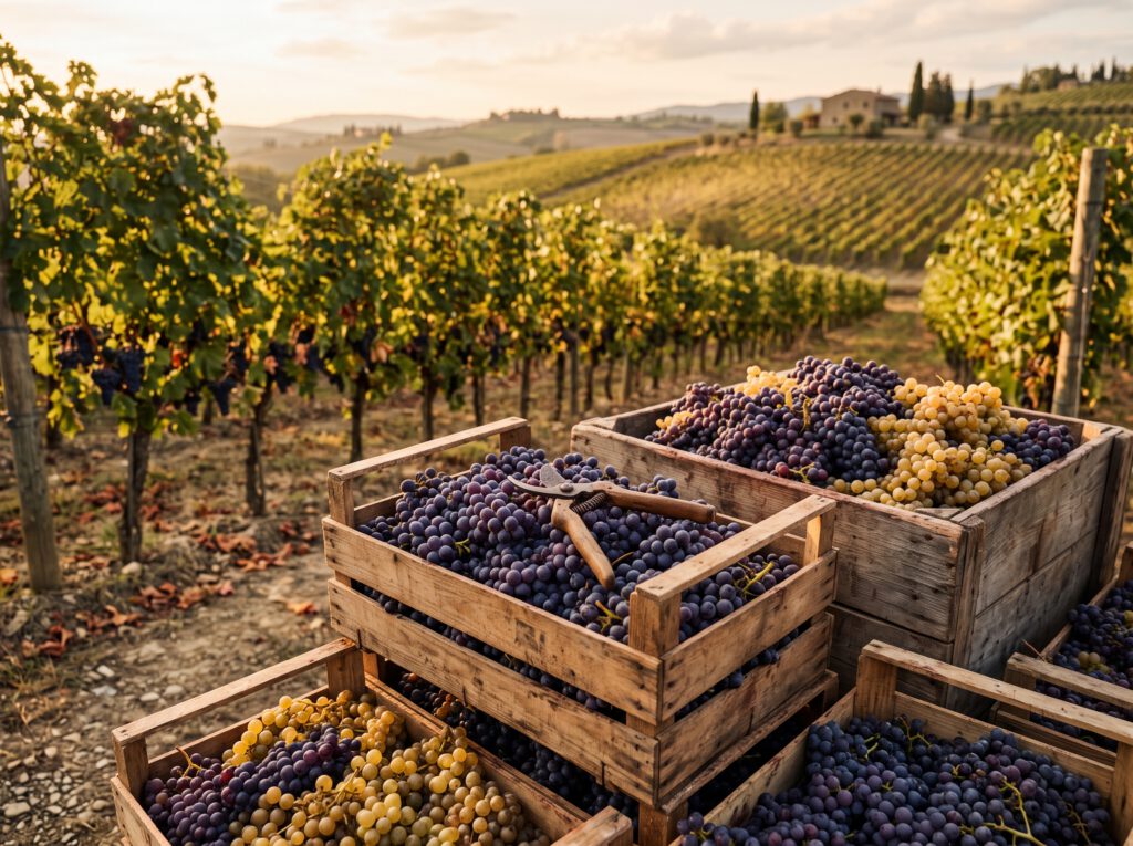 Crates of freshly picked grapes at harvest