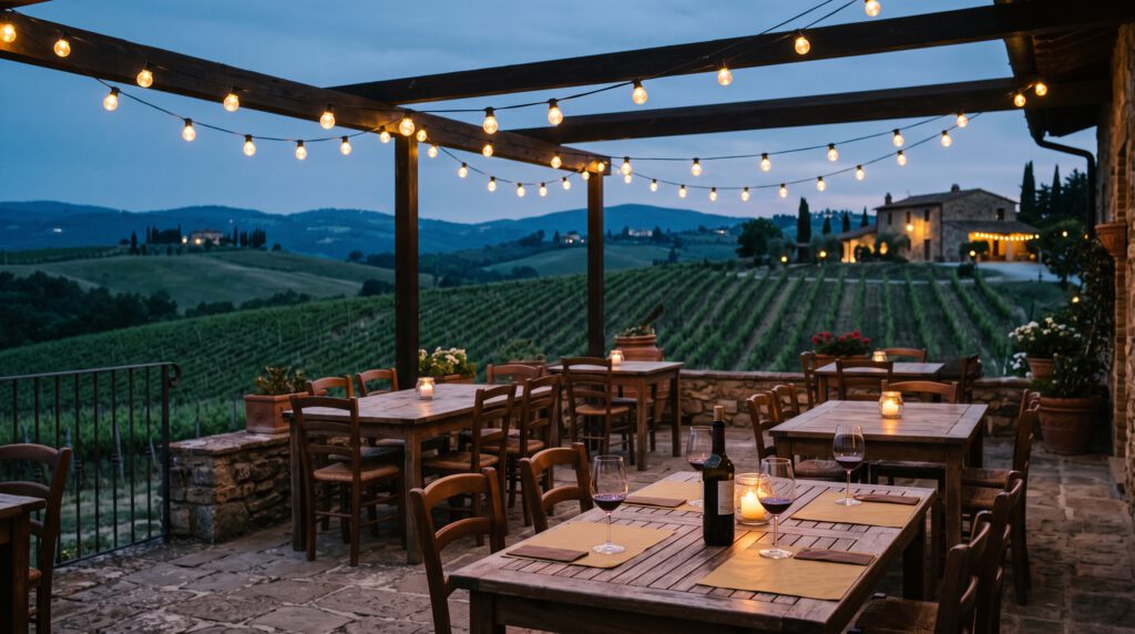 Winery terrace under glowing string lanterns at dusk, vineyard hills beyond