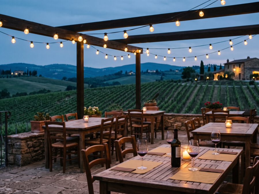 Winery terrace under glowing string lanterns at dusk, vineyard hills beyond