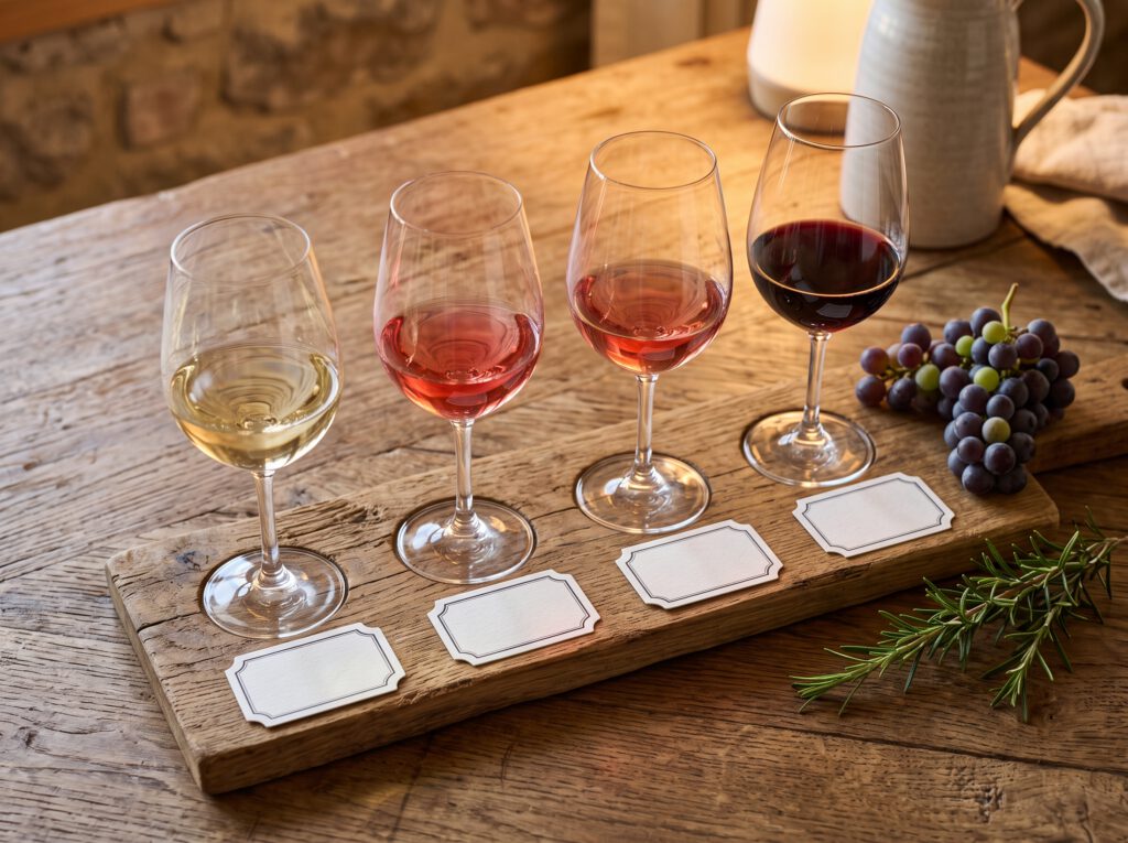 Tasting flight of four wines on an oak board
