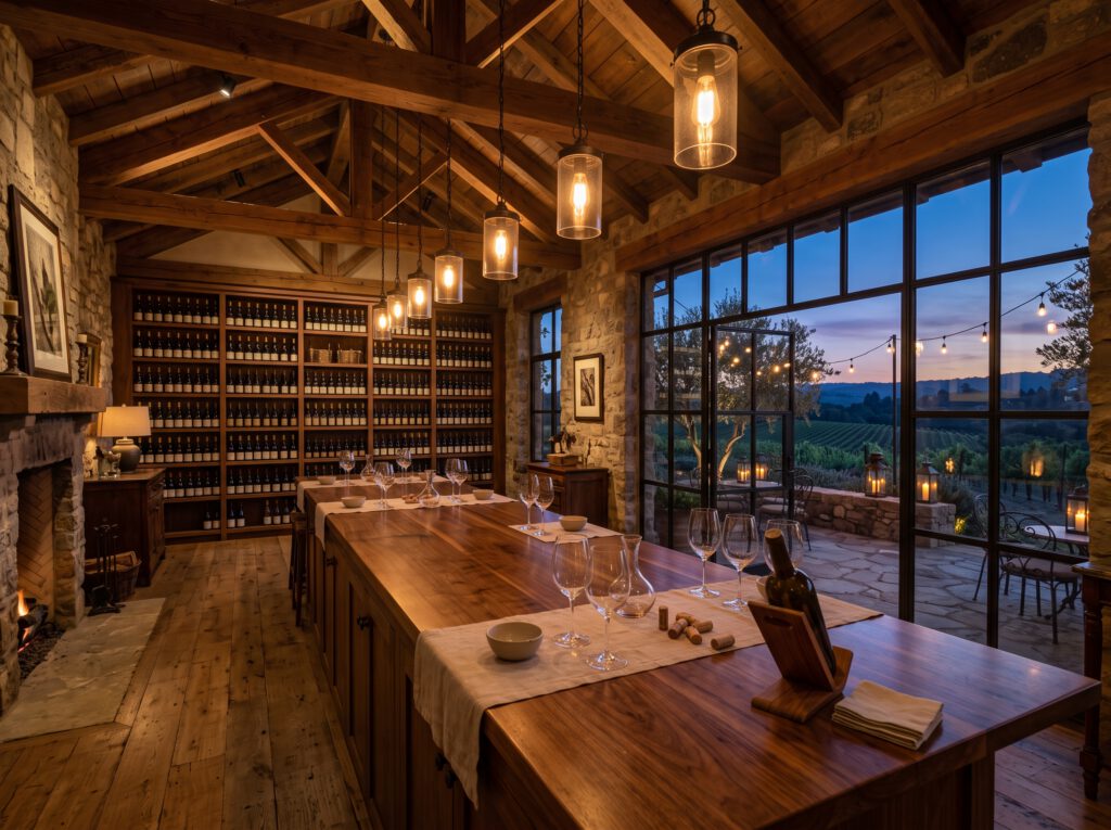 Tasting room with a walnut bar and windows onto the vineyard