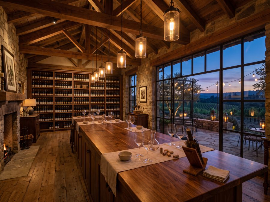 Tasting room with a walnut bar and windows onto the vineyard